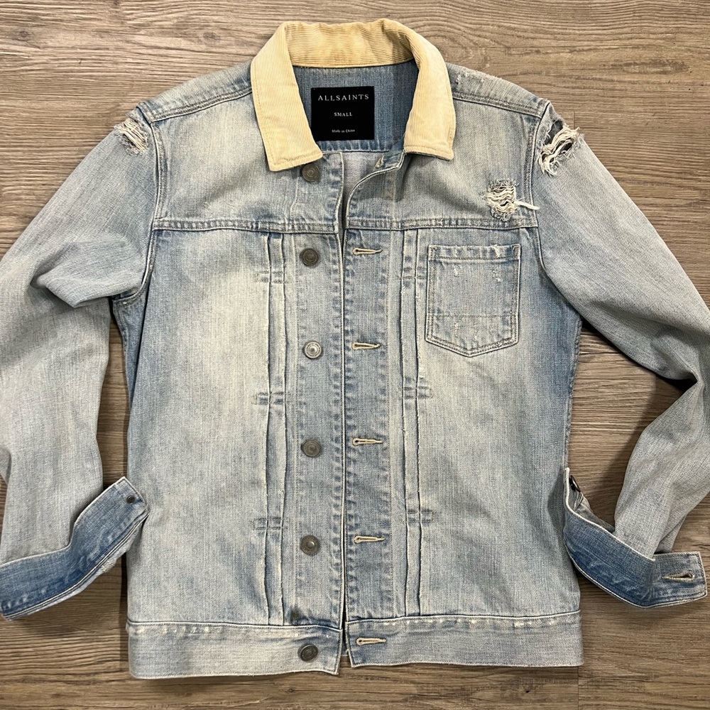 ALLSAINTS Men's Jacket Blue Ridgeway Denim Corduroy Collar Distressed Small